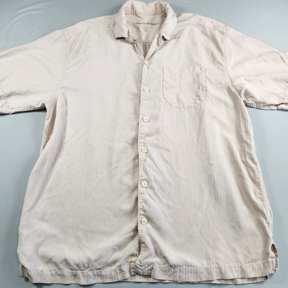Tommy Bahama Shirt Mens L Beige 100% Silk Short Sleeve Camp Button Up Casual